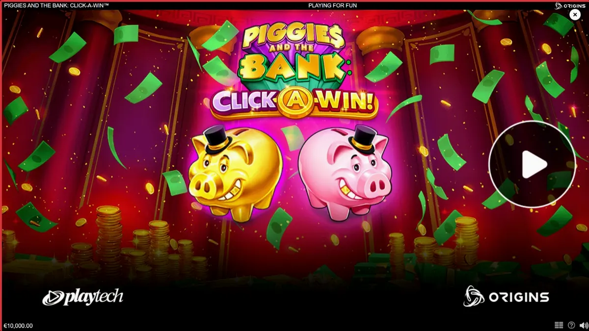 Interface do jogo Piggies and the Bank: Click-A-Win com porquinho de cartola