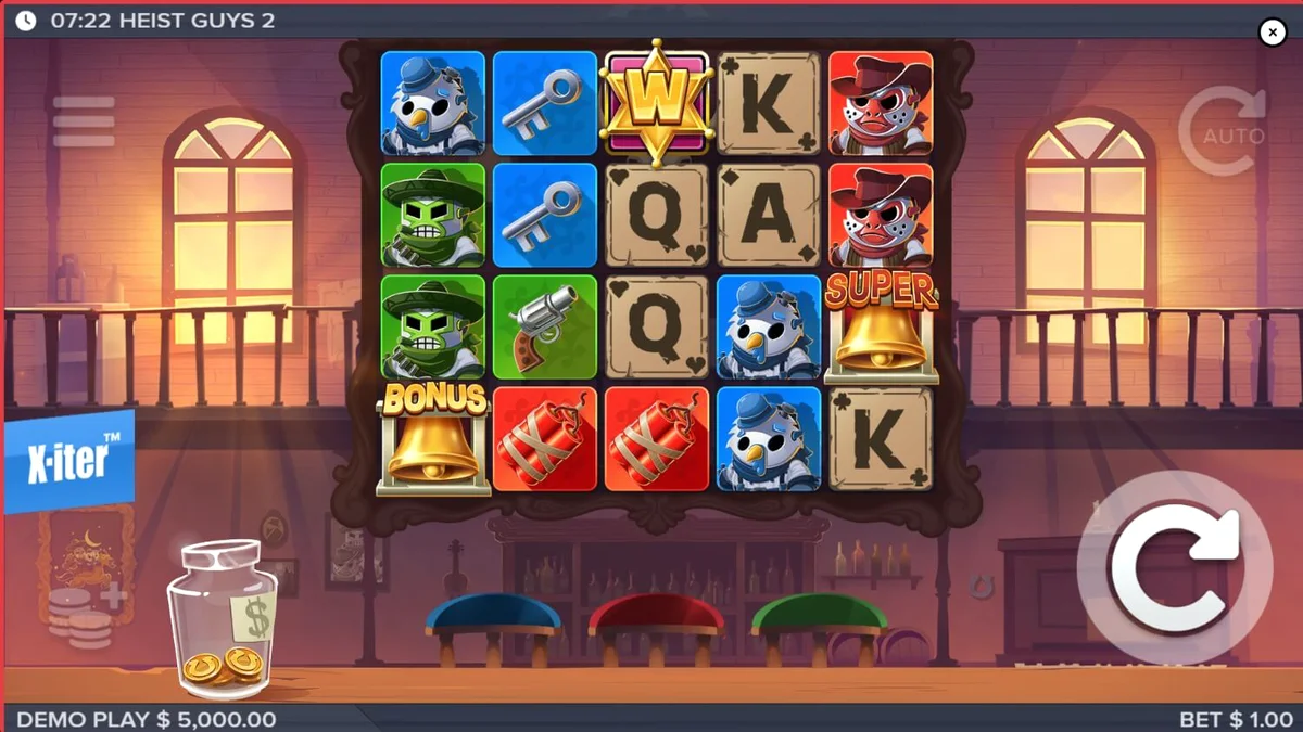 Três assaltantes em estilo cartoon em um cenário de Velho Oeste no slot Heist Guys 2